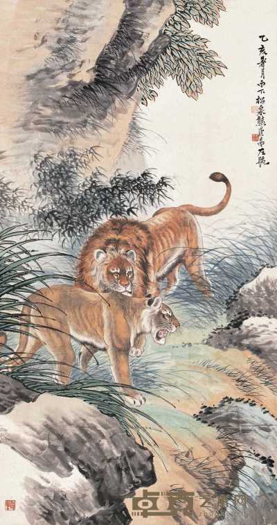 熊松泉 乙亥（1935）年作 双狮图 立轴 182×96cm